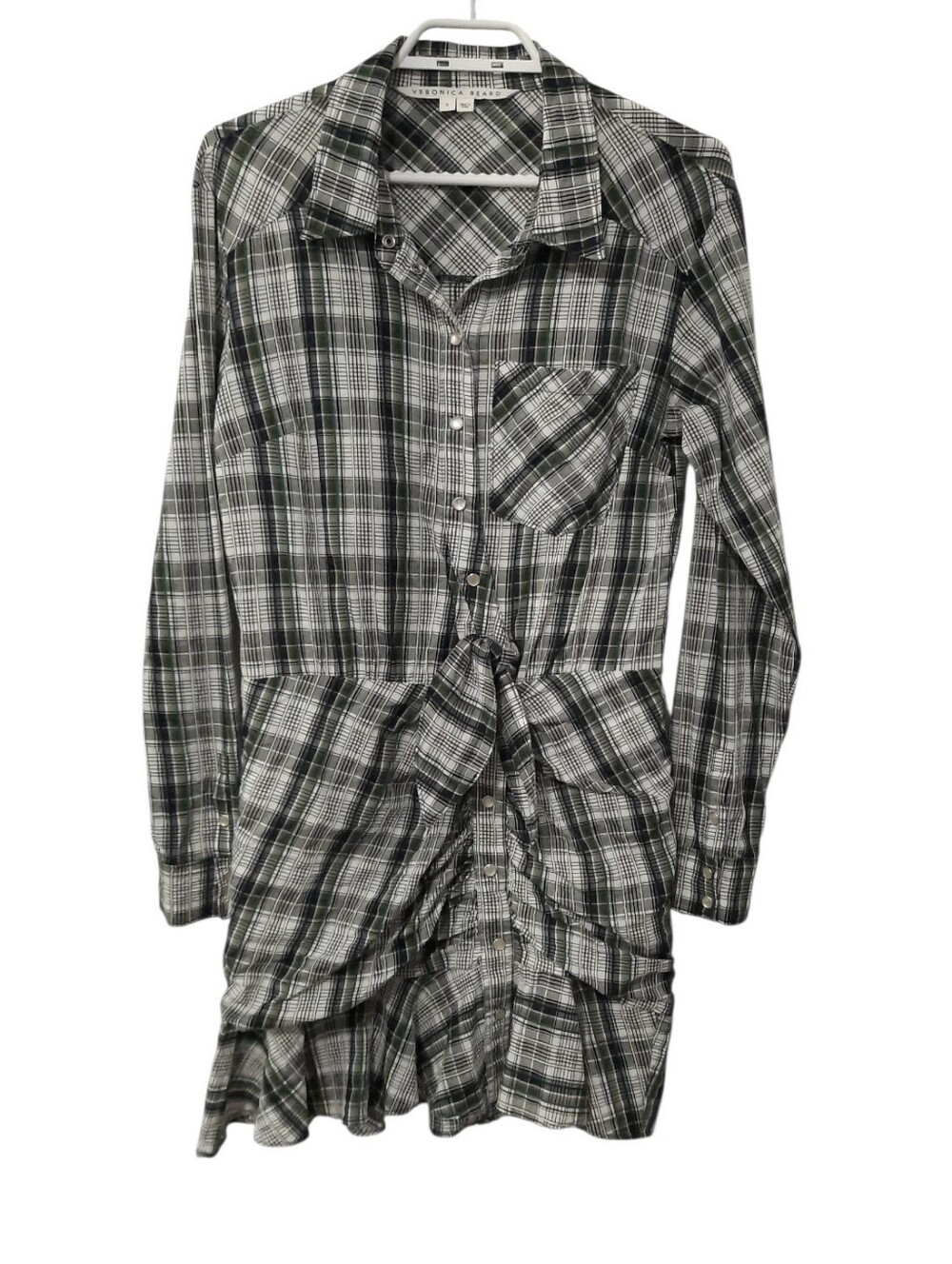 Veronica Beard Plaid Shirt Mini Dress Waist Tie Ruched Womens Size 6 Casual Chic